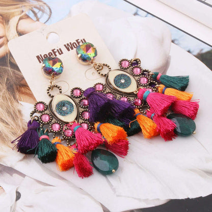 Fashion Big Earrings Metal Dangle Bohemian Eye Tassel Earrings Crystal Large Retro Long Brinco Ear Oorbellen Jewelry Wholesale