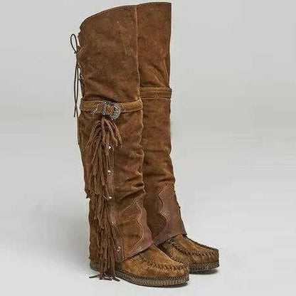 Fashion Bohemia Knee-length Women Boots Ethnic Personality High Boot Tassels Faux Suede Boots Girl Flat Bottom Long Botas Mujer