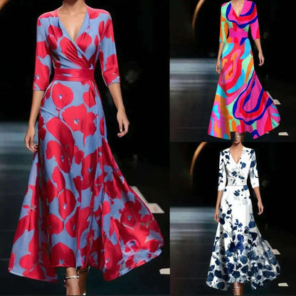 Fashion Boho Maxi Dress Women Sexy Spring V Neck Vintage Printed Swing Elegant Fashion Half Sleeved Waist Cinching Party Dresses