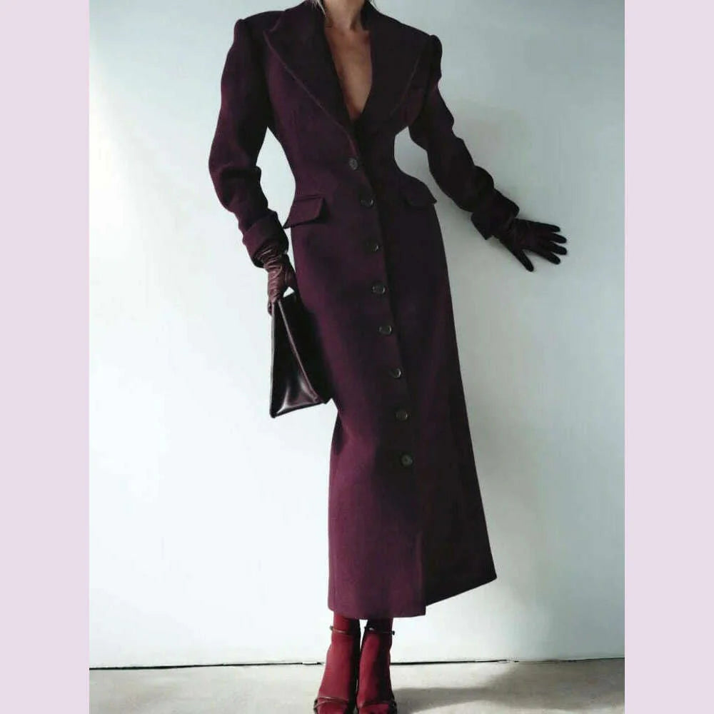 Fashion Burgundy Lapel High Waist Long Woolen Jacket Elegant Solid Color Full Sleeves Overcoat New Woman High Street Outerwear
