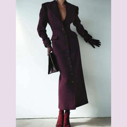 Fashion Burgundy Lapel High Waist Long Woolen Jacket Elegant Solid Color Full Sleeves Overcoat New Woman High Street Outerwear