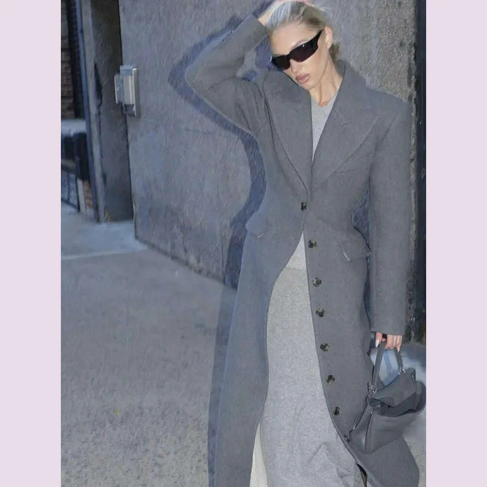 Fashion Burgundy Lapel High Waist Long Woolen Jacket Elegant Solid Color Full Sleeves Overcoat New Woman High Street Outerwear