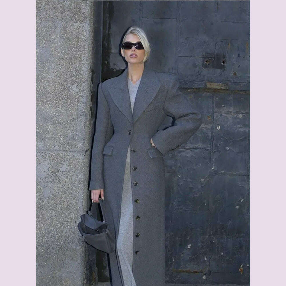Fashion Burgundy Lapel High Waist Long Woolen Jacket Elegant Solid Color Full Sleeves Overcoat New Woman High Street Outerwear