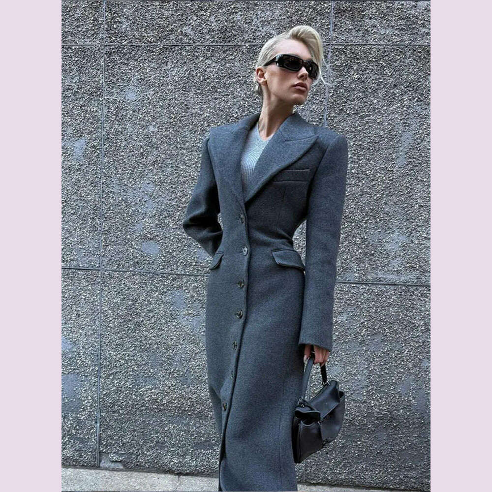 Fashion Burgundy Lapel High Waist Long Woolen Jacket Elegant Solid Color Full Sleeves Overcoat New Woman High Street Outerwear