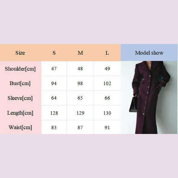 Fashion Burgundy Lapel High Waist Long Woolen Jacket Elegant Solid Color Full Sleeves Overcoat New Woman High Street Outerwear