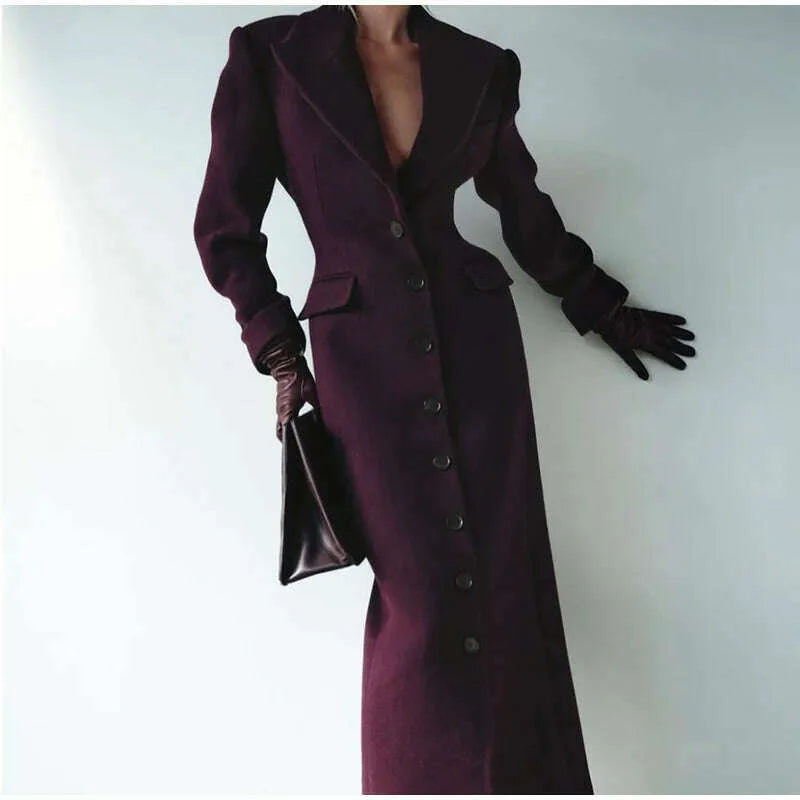 Fashion Burgundy Lapel High Waist Long Woolen Jacket Elegant Solid Color Full Sleeves Overcoat New Woman High Street Outerwear
