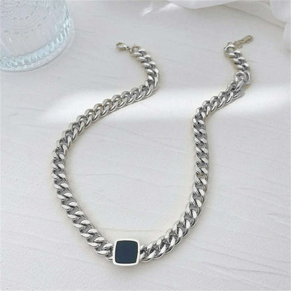 Fashion Jewelry Personalized and Exaggerated Titanium Steel Thick Chain Necklace Versatile Black Square Pendant For Women