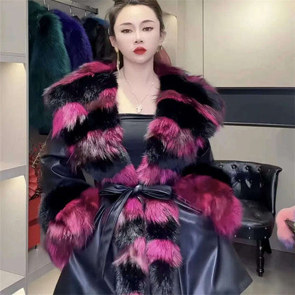 Faux Fur Coat for Women,Adjustable Waist Jacket,England Style Covered Button PU Outwear,Fox Fur Collar, Autumn and Winter