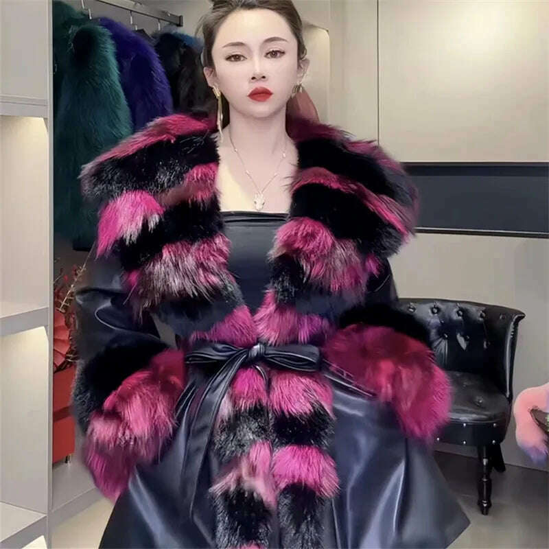 Faux Fur Coat for Women,Adjustable Waist Jacket,England Style Covered Button PU Outwear,Fox Fur Collar, Autumn and Winter