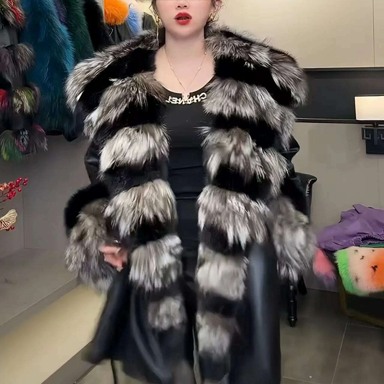 Faux Fur Coat for Women,Adjustable Waist Jacket,England Style Covered Button PU Outwear,Fox Fur Collar, Autumn and Winter