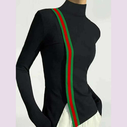 Female Clothing Skinny T-Shirts Fashion Striped Slit High Neck Contrast Color Spring Autumn Black Women's Base Layer