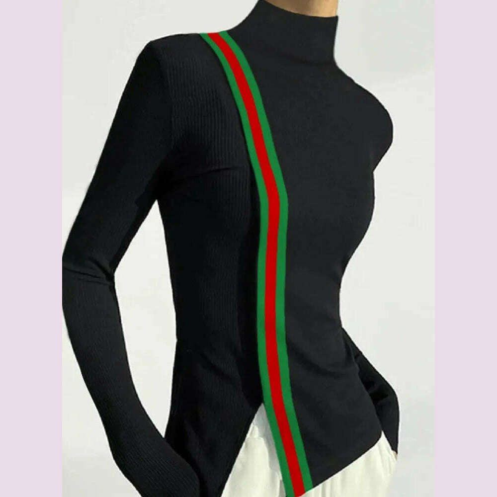 Female Clothing Skinny T-Shirts Fashion Striped Slit High Neck Contrast Color Spring Autumn Black Women's Base Layer