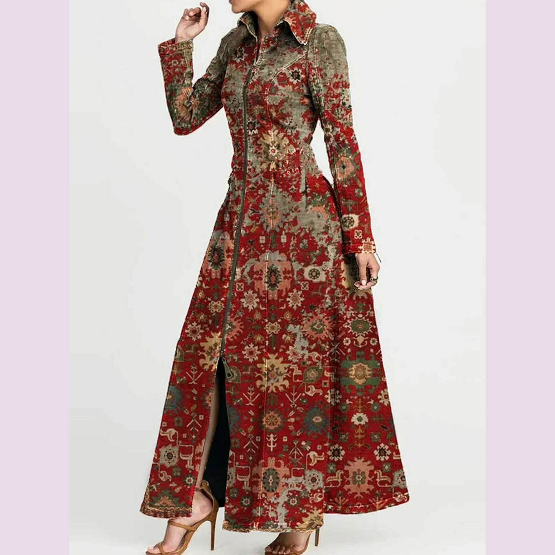 Floral Printed Long Dress Turn Down Collar Vintage Casual Ethnic A-Line Dress Zipper Trench Jacket Dress for Autumn 2025