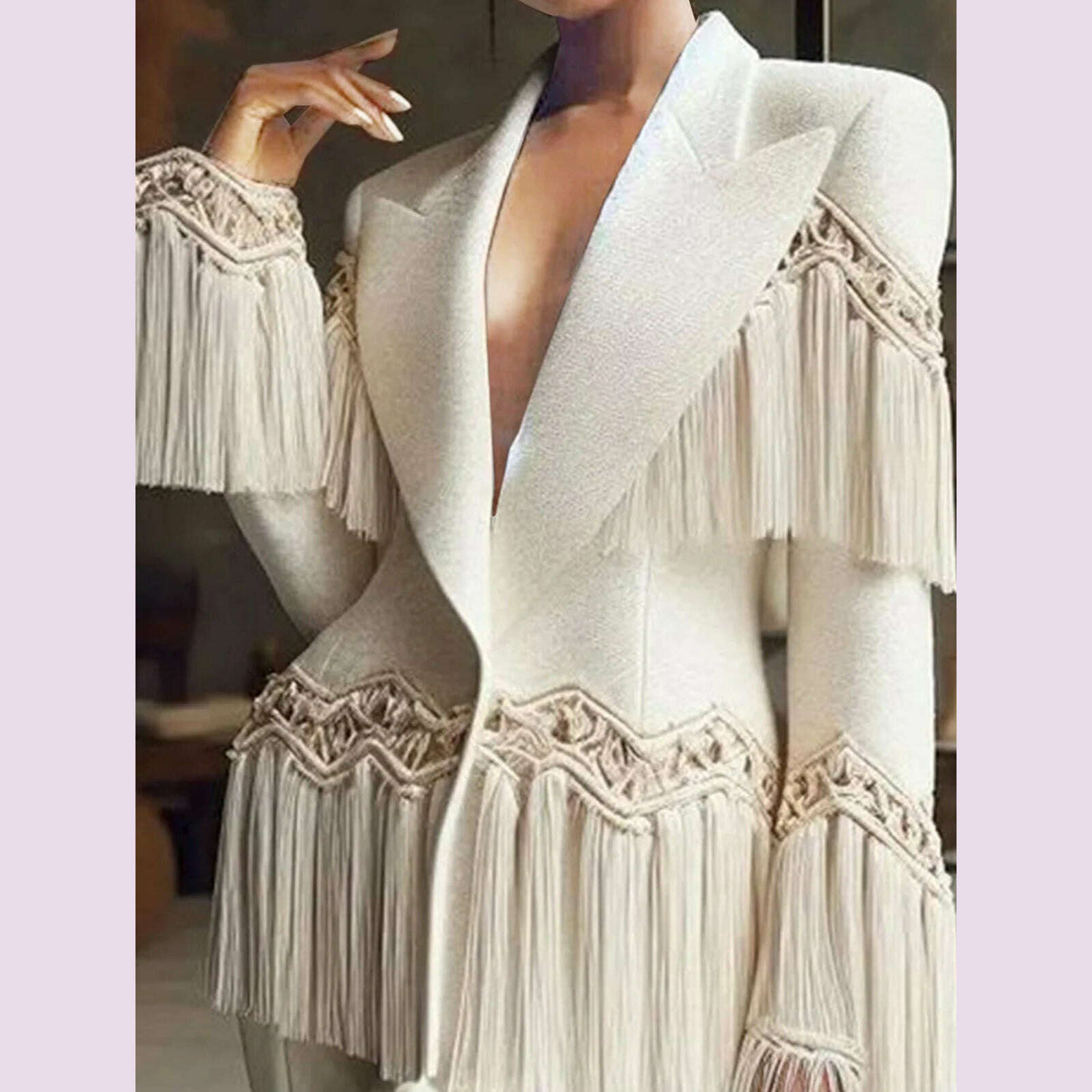Formal Solid Blazer for Women Peaked Lapel Long Sleeve Fringed Blazer Slim Outerwear Autumn Winter Office Lady Casual Coat
