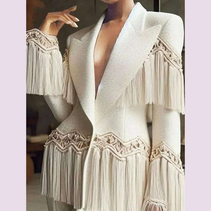 Formal Solid Blazer for Women Peaked Lapel Long Sleeve Fringed Blazer Slim Outerwear Autumn Winter Office Lady Casual Coat