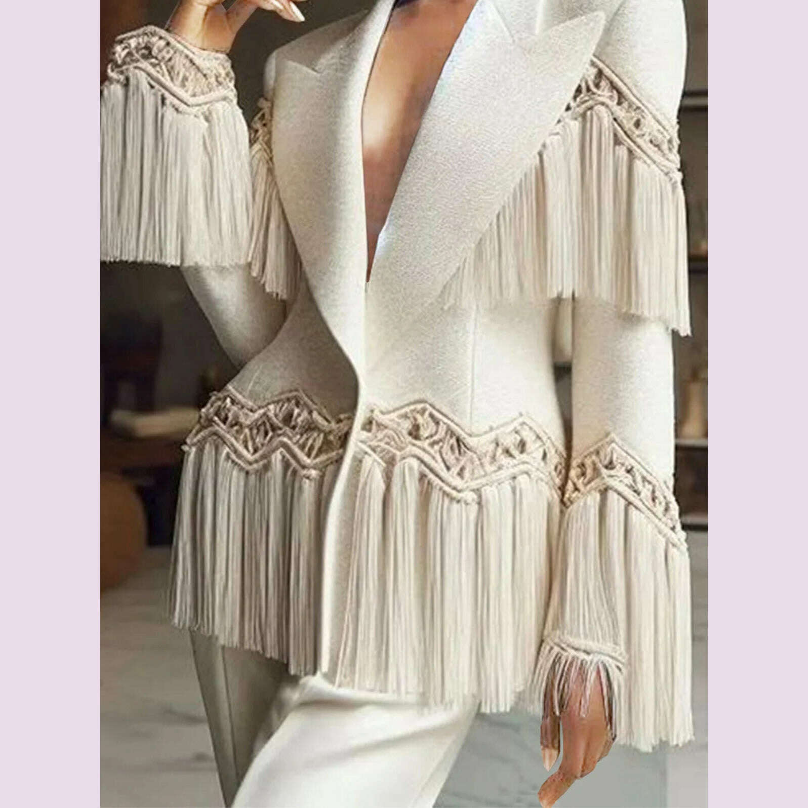 Formal Solid Blazer for Women Peaked Lapel Long Sleeve Fringed Blazer Slim Outerwear Autumn Winter Office Lady Casual Coat