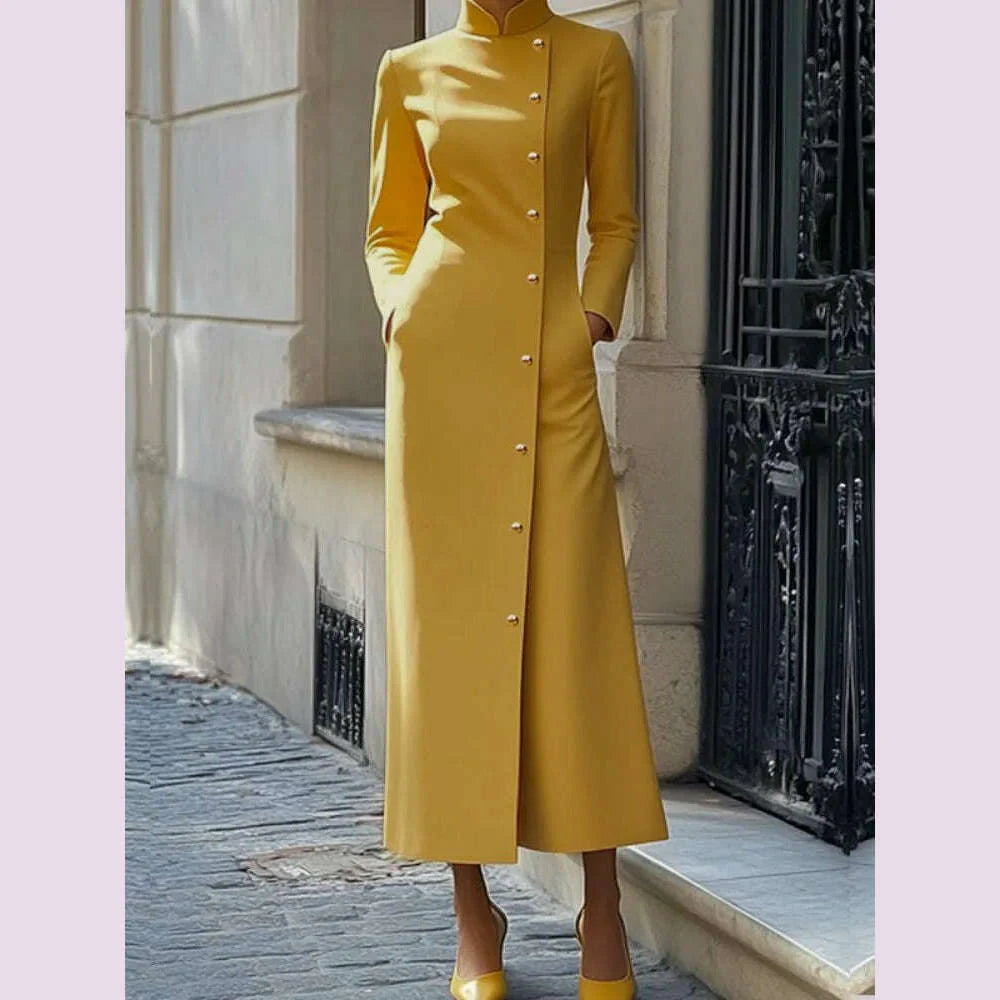 Freeacy Solid Color Dress for Women Stand Collar Long Sleeves Single-breasted H-Line Midi Dress Autumn Fashion High Street Dress