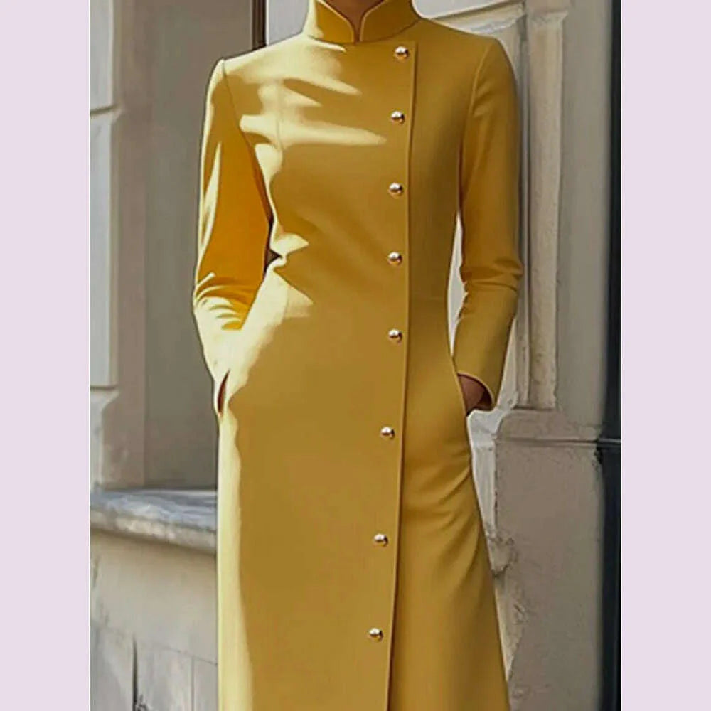 Freeacy Solid Color Dress for Women Stand Collar Long Sleeves Single-breasted H-Line Midi Dress Autumn Fashion High Street Dress