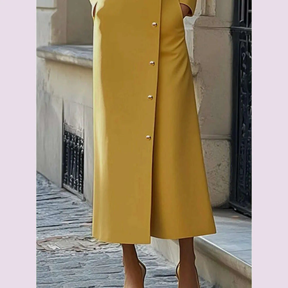 Freeacy Solid Color Dress for Women Stand Collar Long Sleeves Single-breasted H-Line Midi Dress Autumn Fashion High Street Dress