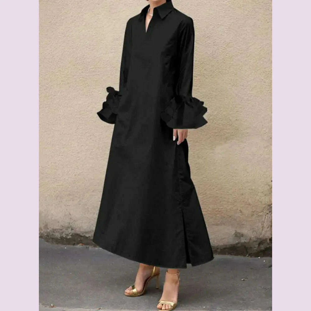 Freeacy Summer Solid Color Women's Dress Lapel Collar Flare Sleeve Loose Fit Shirt Dress Casual Streetwear Maxi Dress for Female