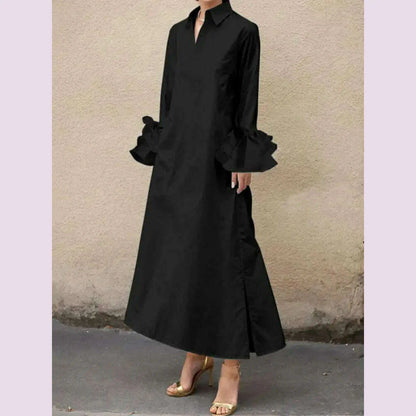 Freeacy Summer Solid Color Women's Dress Lapel Collar Flare Sleeve Loose Fit Shirt Dress Casual Streetwear Maxi Dress for Female