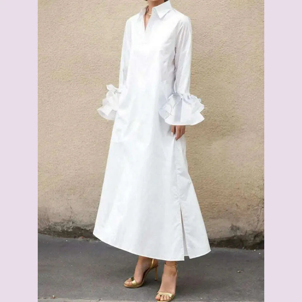 Freeacy Summer Solid Color Women's Dress Lapel Collar Flare Sleeve Loose Fit Shirt Dress Casual Streetwear Maxi Dress for Female