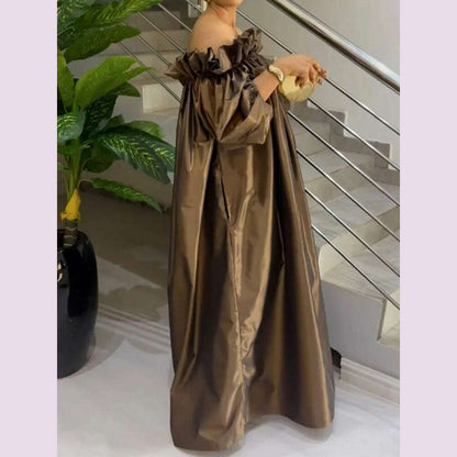 Freeacy Summer Women's Dress Solid Color Elastic Off-the-shoulder Puff Sleeve Loose Maxi Dress 2024 Fashion Casual Party Dresses