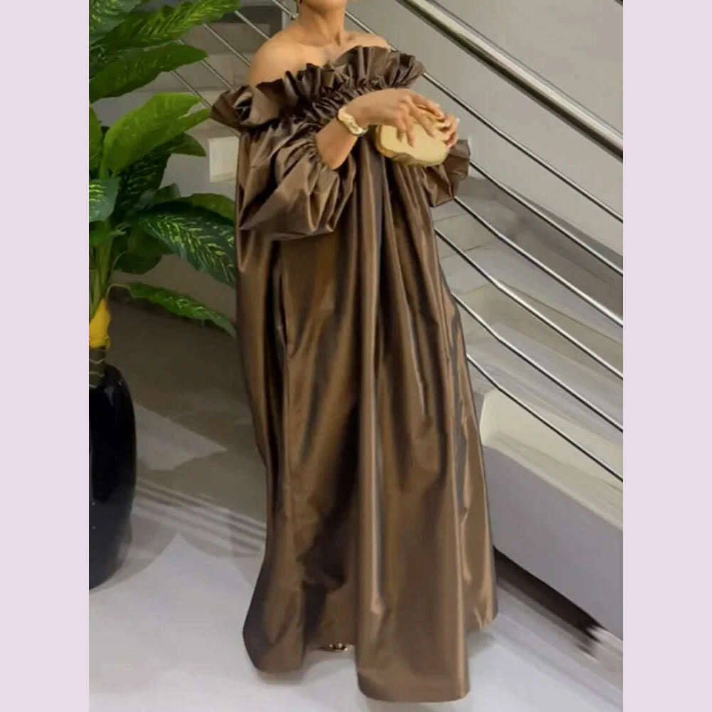 Freeacy Summer Women's Dress Solid Color Elastic Off-the-shoulder Puff Sleeve Loose Maxi Dress 2024 Fashion Casual Party Dresses
