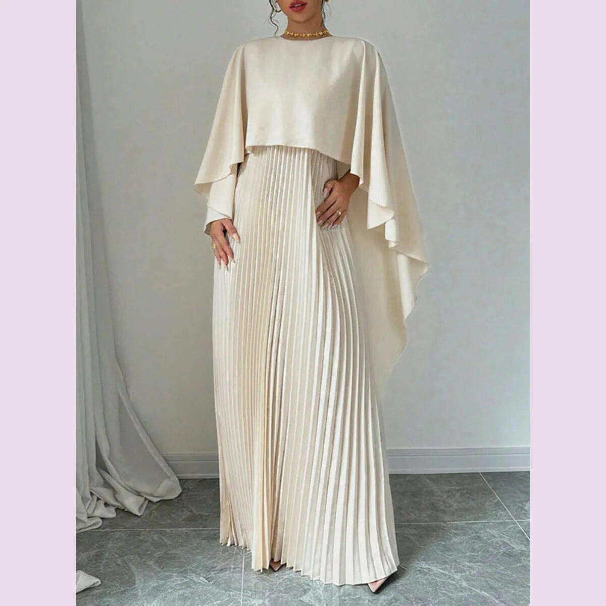 Freeacy Women's Autumn New Solid Color Elegant Evening Dresses Round Neck Wrap Sleeves Ruffled High Neck Pleated Maxi Dress