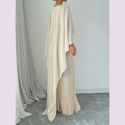 Freeacy Women's Autumn New Solid Color Elegant Evening Dresses Round Neck Wrap Sleeves Ruffled High Neck Pleated Maxi Dress