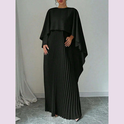 Freeacy Women's Autumn New Solid Color Elegant Evening Dresses Round Neck Wrap Sleeves Ruffled High Neck Pleated Maxi Dress