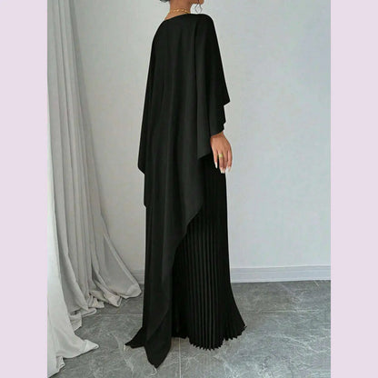 Freeacy Women's Autumn New Solid Color Elegant Evening Dresses Round Neck Wrap Sleeves Ruffled High Neck Pleated Maxi Dress