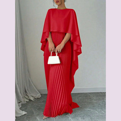 Freeacy Women's Autumn New Solid Color Elegant Evening Dresses Round Neck Wrap Sleeves Ruffled High Neck Pleated Maxi Dress