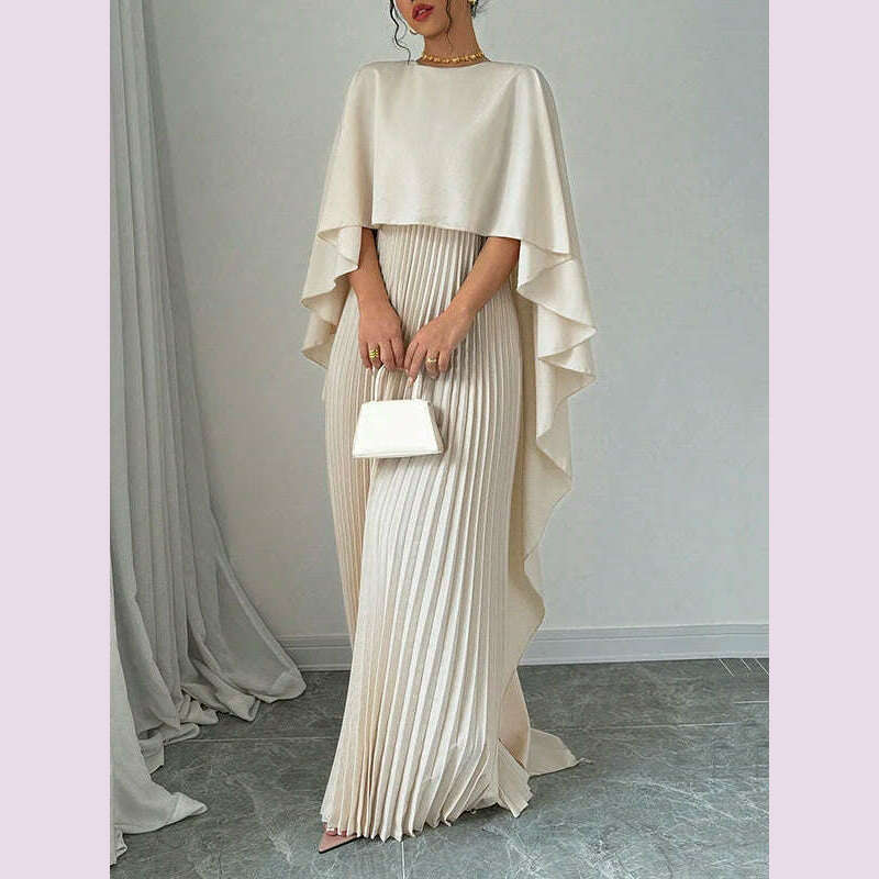 Freeacy Women's Autumn New Solid Color Elegant Evening Dresses Round Neck Wrap Sleeves Ruffled High Neck Pleated Maxi Dress