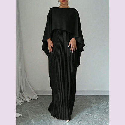 Freeacy Women's Autumn New Solid Color Elegant Evening Dresses Round Neck Wrap Sleeves Ruffled High Neck Pleated Maxi Dress