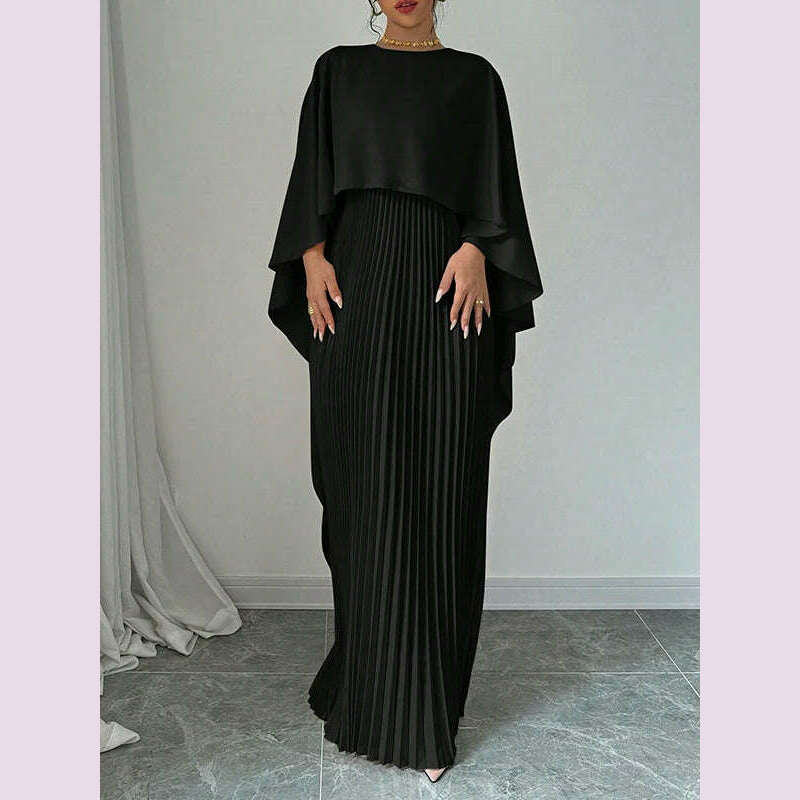 Freeacy Women's Autumn New Solid Color Elegant Evening Dresses Round Neck Wrap Sleeves Ruffled High Neck Pleated Maxi Dress