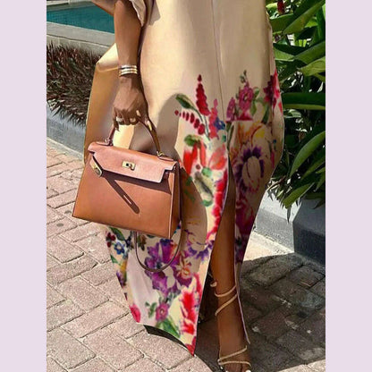 Freeacy Women's Elegant Floral Printed Maxi Dress Boat Neck Puff Sleeves H-line Splited Evening Dresses Floor Length Party Dress