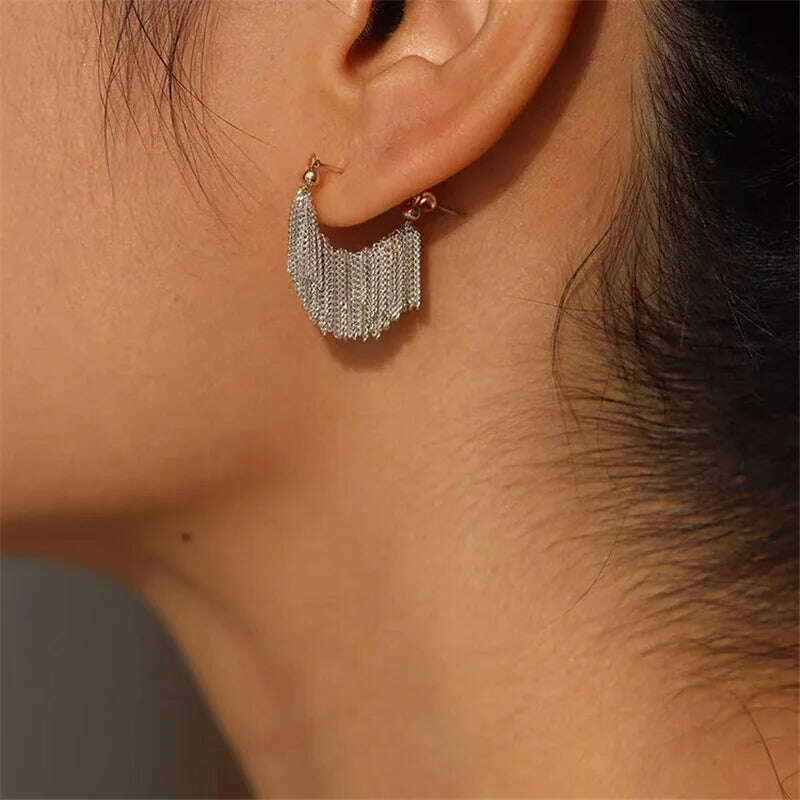 French Luxury Silver Color Chain Waterfall Tassel Long Earrings 2023 New Design Jewelry Party Women's Exaggerated Accessories