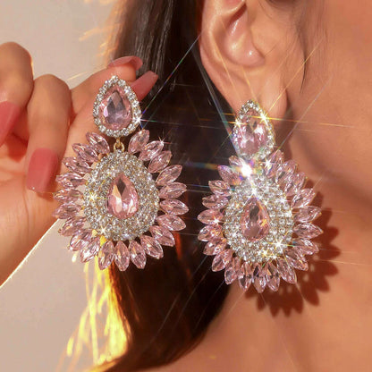 FYUAN Shine Pink Flower Crystal Drop Earrings Water Drop Geometric Rhinestones Earrings Women Fashion Jewelry