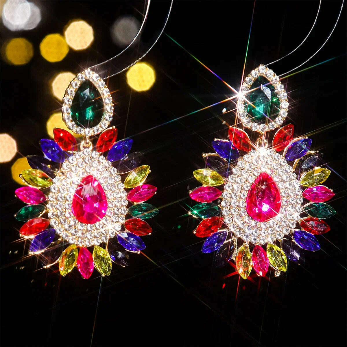 FYUAN Shine Pink Flower Crystal Drop Earrings Water Drop Geometric Rhinestones Earrings Women Fashion Jewelry