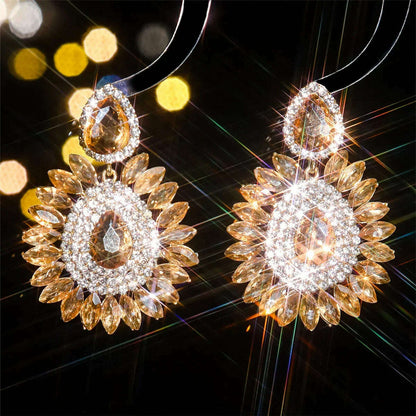 FYUAN Shine Pink Flower Crystal Drop Earrings Water Drop Geometric Rhinestones Earrings Women Fashion Jewelry