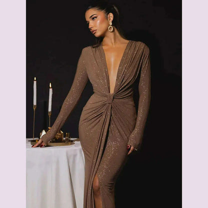 GACVGA Glitter Deep V Neck Sexy Maxi Dress For Women Autumn Elegant Sparkle Slit Ruched Bodycon Club Party Long Evening Dress