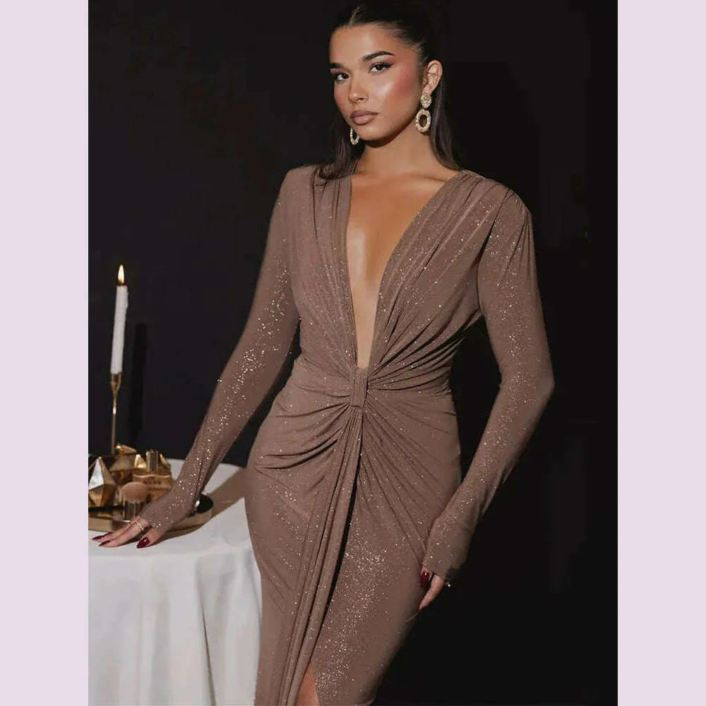 GACVGA Glitter Deep V Neck Sexy Maxi Dress For Women Autumn Elegant Sparkle Slit Ruched Bodycon Club Party Long Evening Dress