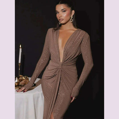 GACVGA Glitter Deep V Neck Sexy Maxi Dress For Women Autumn Elegant Sparkle Slit Ruched Bodycon Club Party Long Evening Dress