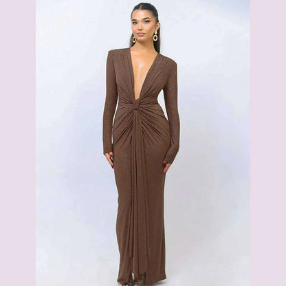 GACVGA Glitter Deep V Neck Sexy Maxi Dress For Women Autumn Elegant Sparkle Slit Ruched Bodycon Club Party Long Evening Dress