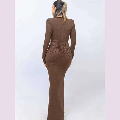 GACVGA Glitter Deep V Neck Sexy Maxi Dress For Women Autumn Elegant Sparkle Slit Ruched Bodycon Club Party Long Evening Dress