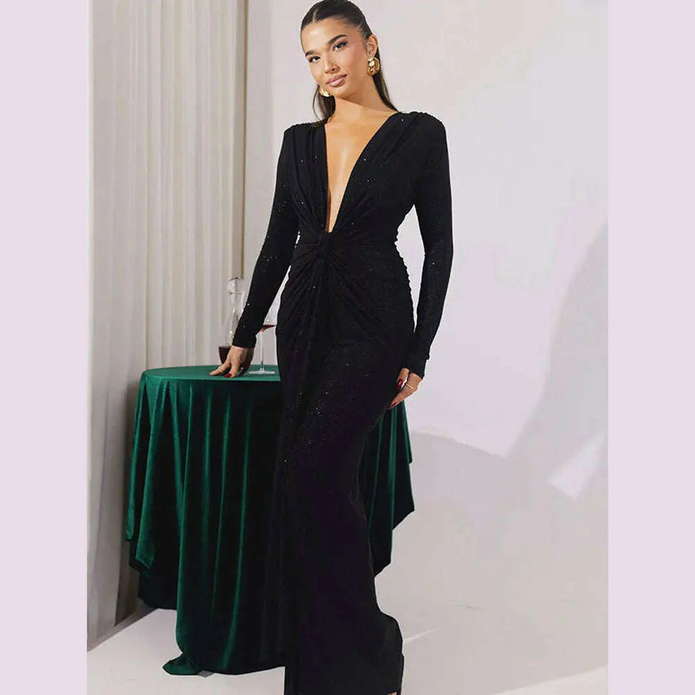 GACVGA Glitter Deep V Neck Sexy Maxi Dress For Women Autumn Elegant Sparkle Slit Ruched Bodycon Club Party Long Evening Dress