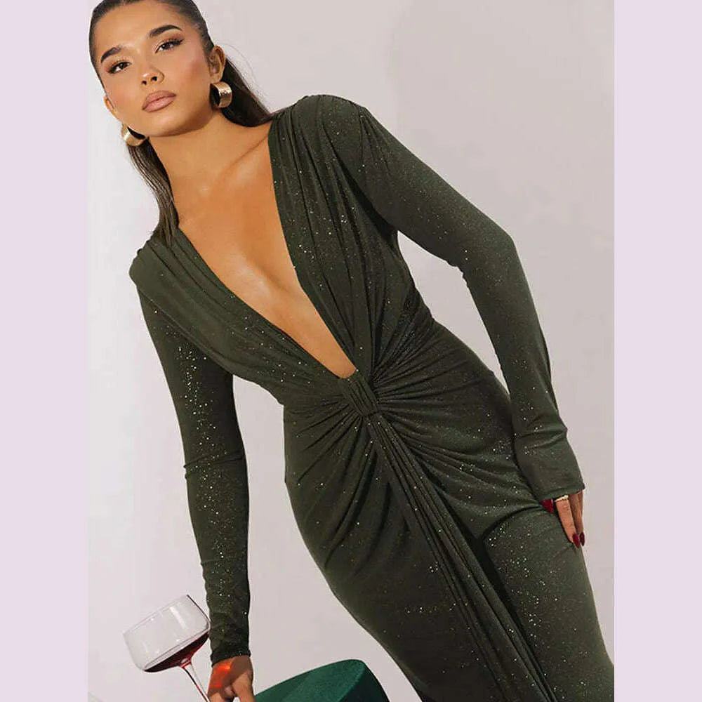 GACVGA Glitter Deep V Neck Sexy Maxi Dress For Women Autumn Elegant Sparkle Slit Ruched Bodycon Club Party Long Evening Dress