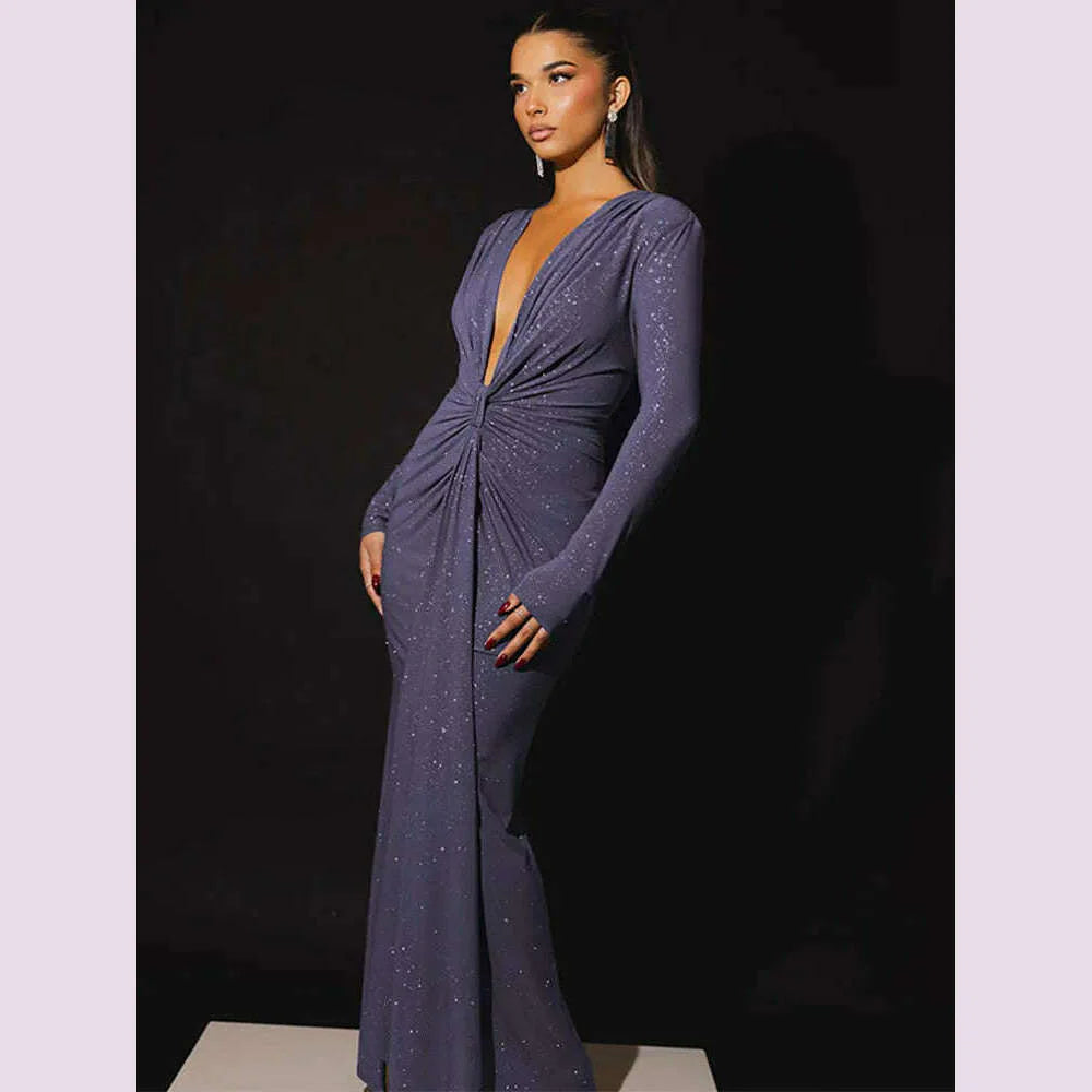 GACVGA Glitter Deep V Neck Sexy Maxi Dress For Women Autumn Elegant Sparkle Slit Ruched Bodycon Club Party Long Evening Dress