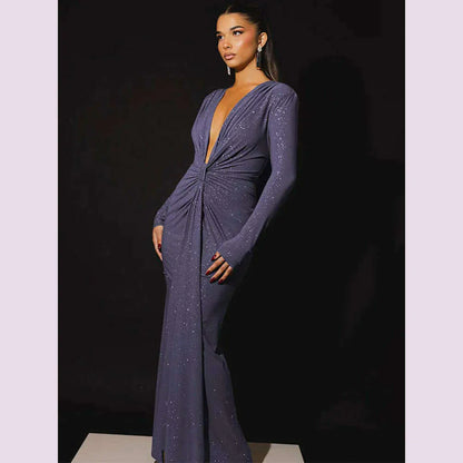 GACVGA Glitter Deep V Neck Sexy Maxi Dress For Women Autumn Elegant Sparkle Slit Ruched Bodycon Club Party Long Evening Dress